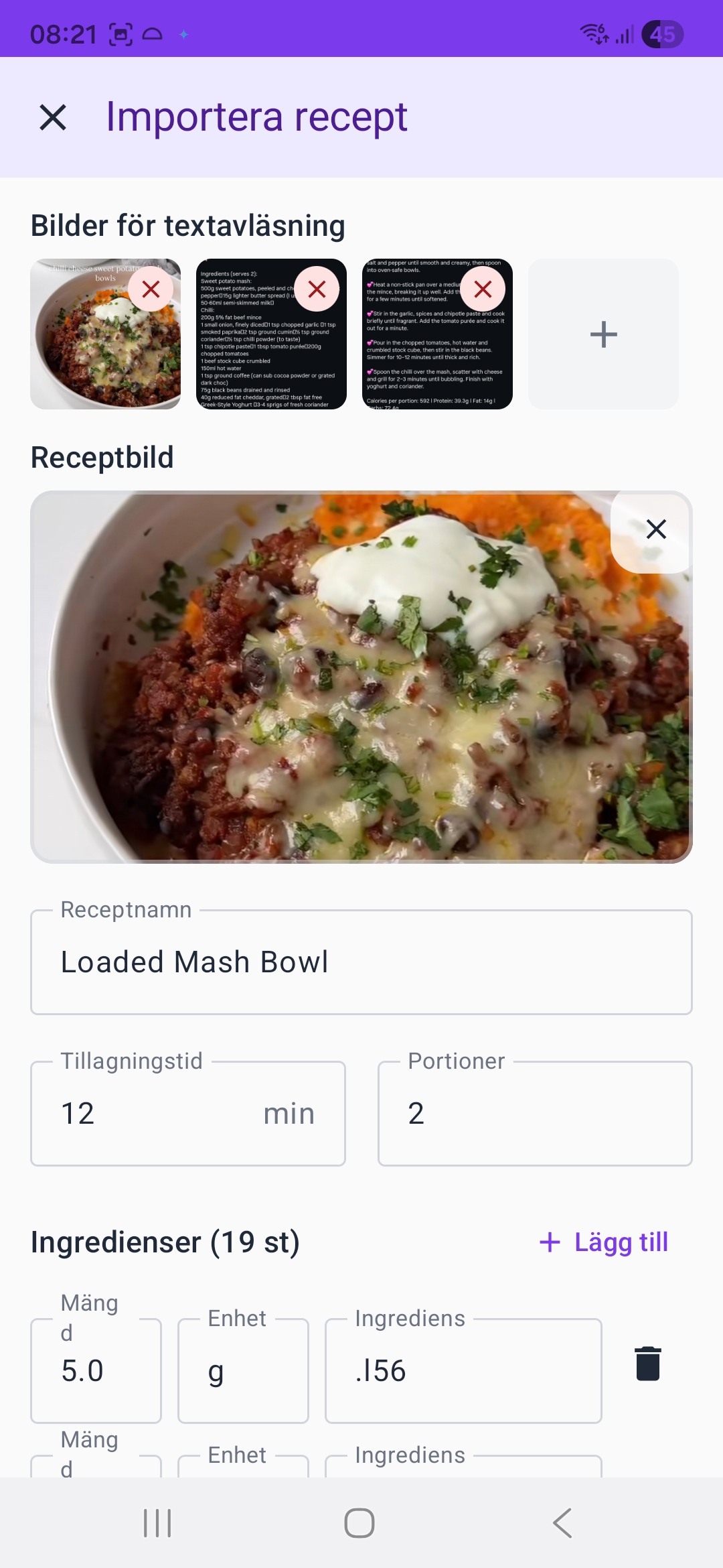 Receptappen importing a recipe using OCR
